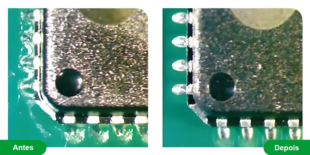 Comparação entre antes e depois da limpeza do fluxo de PCB no componente